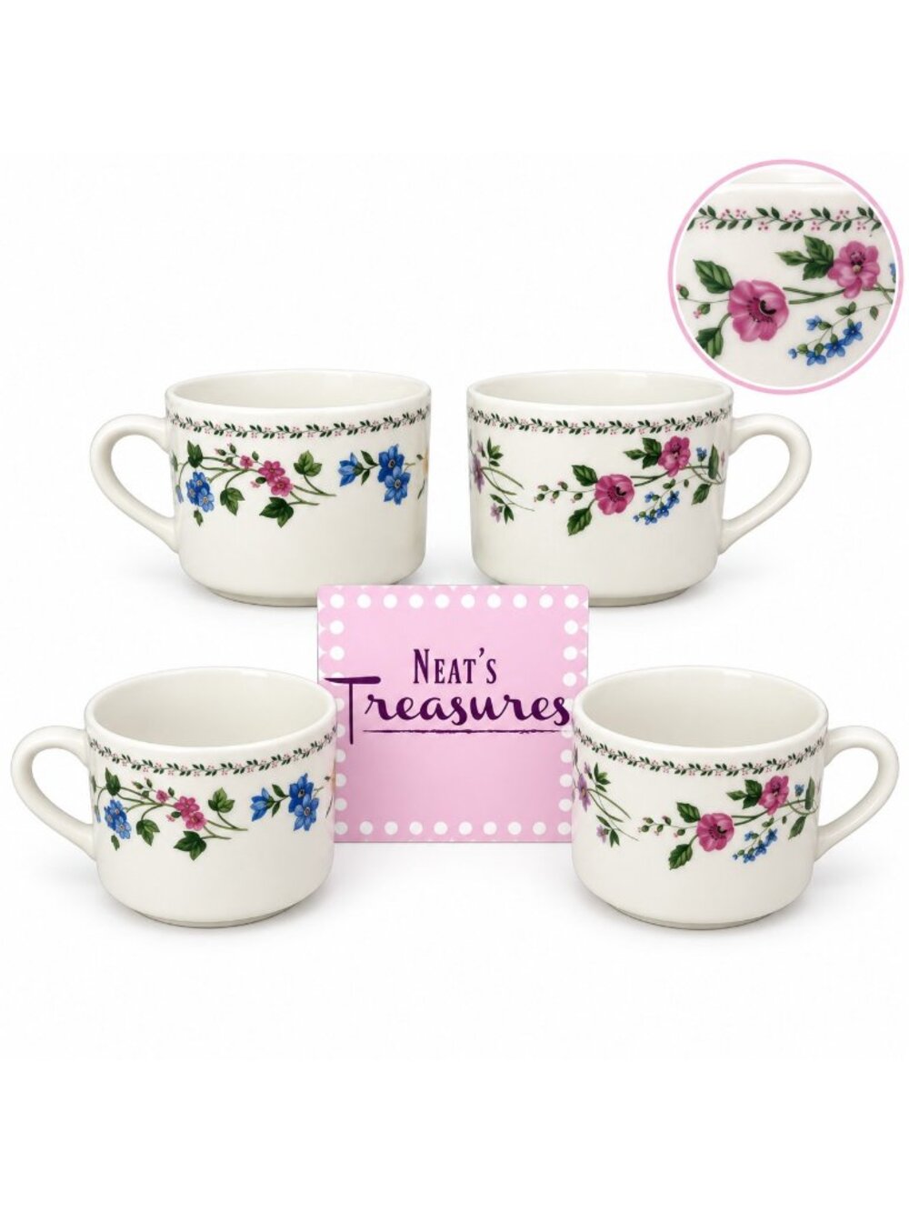 Farberware ENGLISH GARDEN Pink Blue Floral Rim Stoneware 8 oz Flat Cups Set of 4